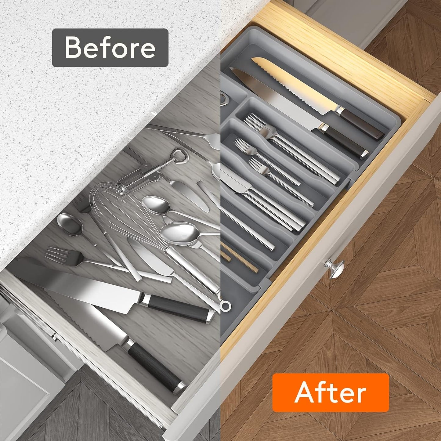 Lifewit Expandable Silverware Drawer Organizer - BPA-Free Utensil Tray for Kitchen | Adjustable 13-22 x 15" Grey