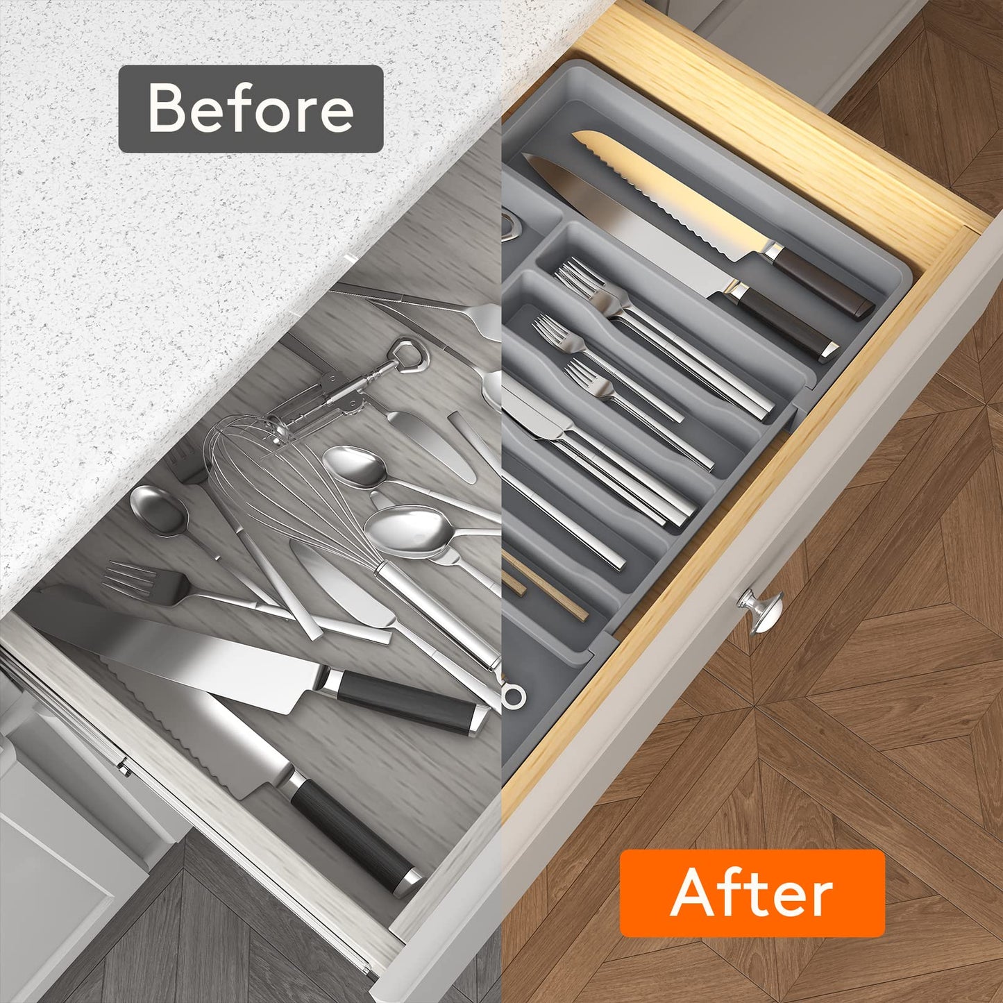 Lifewit Silverware Drawer Organizer, Expandable Utensil Tray for Kitchen, BPA Free Flatware and Cutlery Holder, Adjustable Plastic Storage for Spoons Forks Knives, 13-22 x 15", Grey
