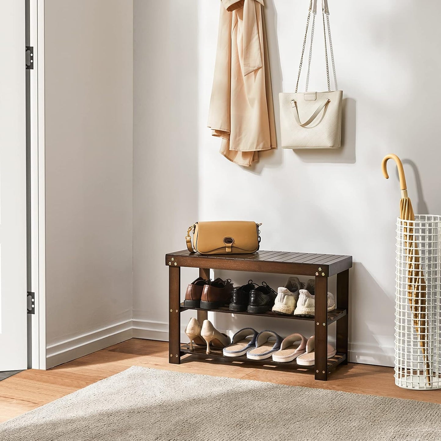 Pipishell Bamboo Shoe Rack - 3-Tier Sturdy Storage Bench for Entryway & Living Room | Holds Up to 300lbs, Brown