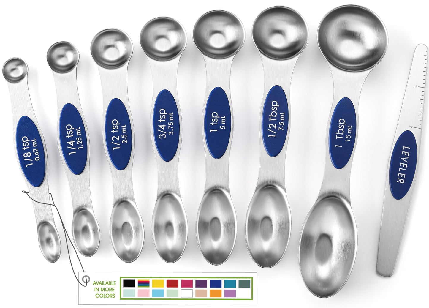 Spring Chef Magnetic Measuring Spoons Set, Dual Sided, Stainless Steel, Fits in Spice Jars, Sapphire, Set of 8, 2 Pack