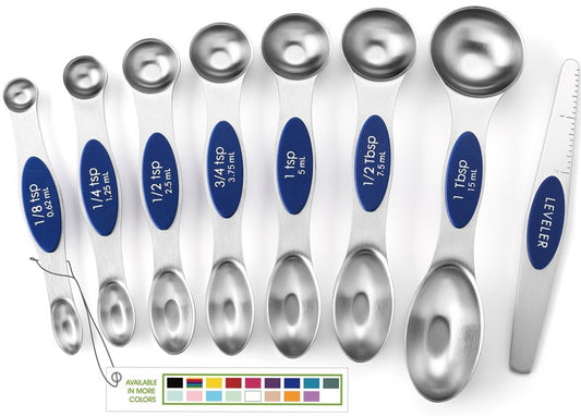 Spring Chef Magnetic Measuring Spoons Set, Dual Sided, Stainless Steel, Fits in Spice Jars, Sapphire, Set of 8, 2 Pack