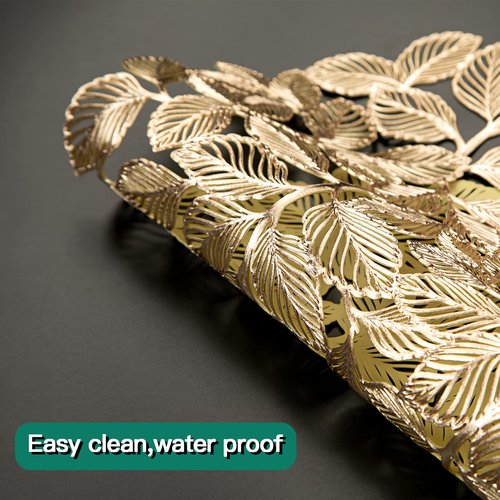 Crisjanggo Gold Leaf Placemats Set of 8 Metallic Round Placemats Wipeable Waterproof Table Mats for Kitchen Dinner Indoor Outdoor Wedding