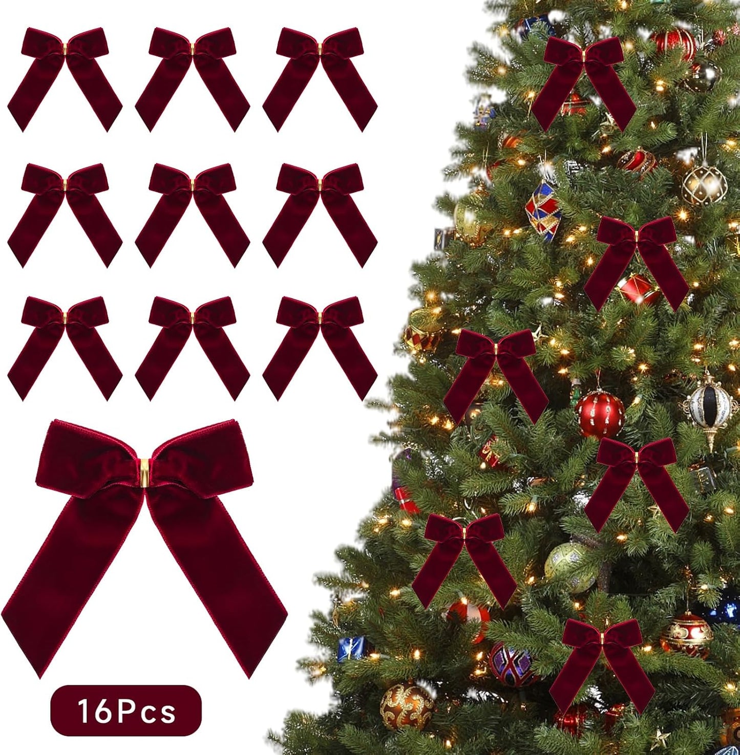 PintreeLand Red Velvet Christmas Bows - 16 Pack Decorative Twist Ties for Trees & Gifts | 3.5x3.5 Inch