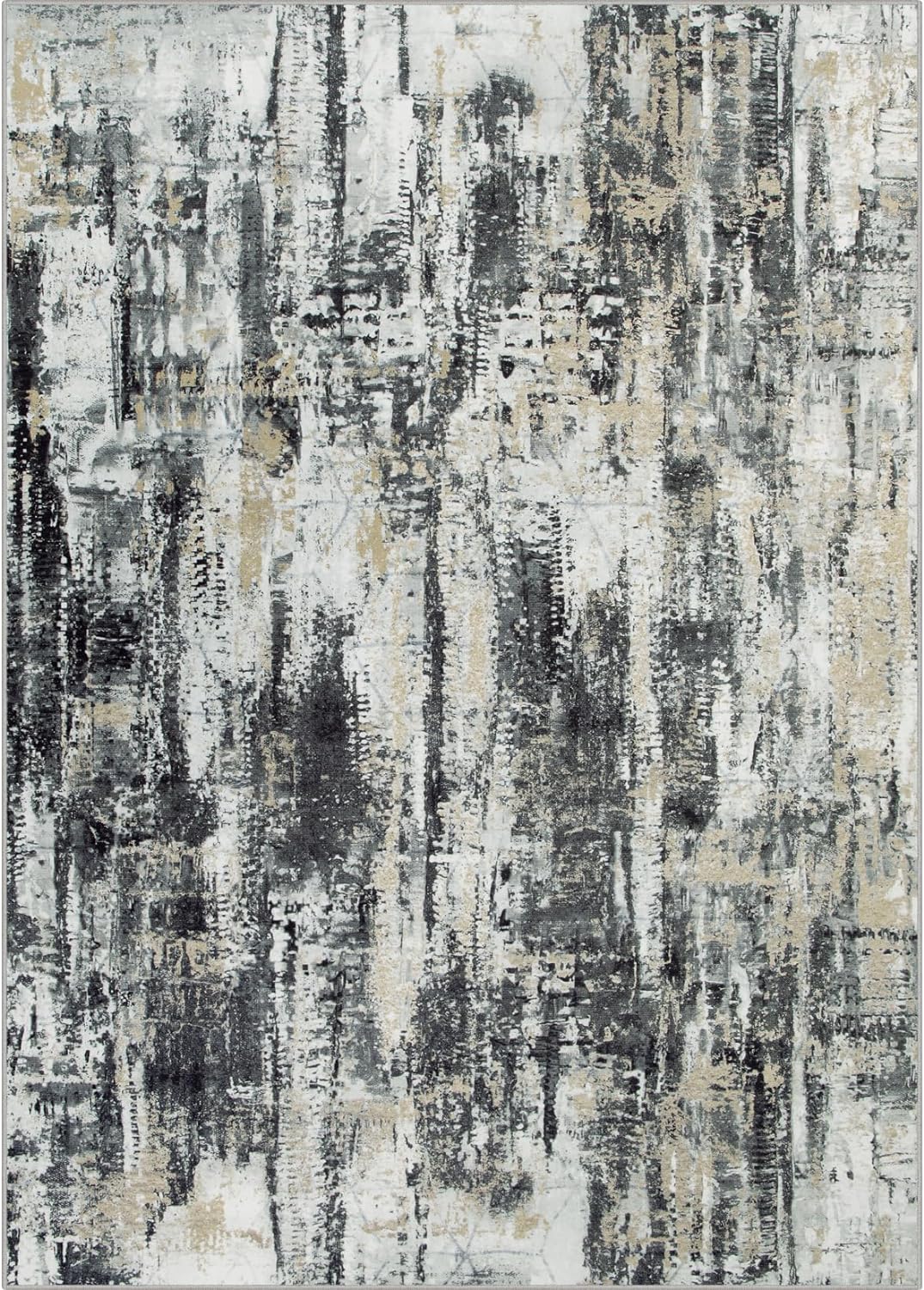 Skiennix 8x10 Area Rug - Washable Modern Abstract Design | Soft Anti-Skid Carpet in Black, Grey & Gold