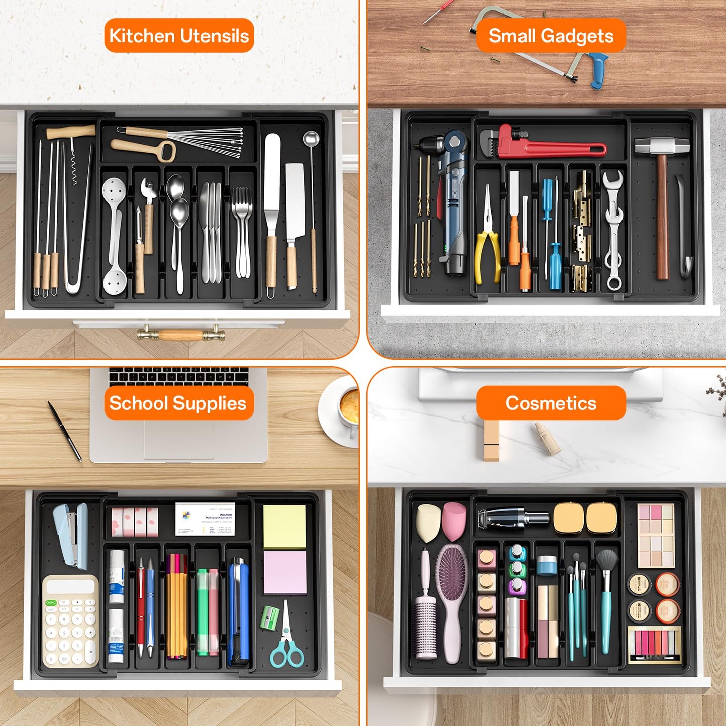 RoomHacks Large Silverware Organizer,Expandable Utensil Drawer Organizer,BPA Free Utensil Holder,Adjustable Silverware Tray Cutlery Drawer Organizer for Kitchen Flatware,Large,Black (6-8 Slots)