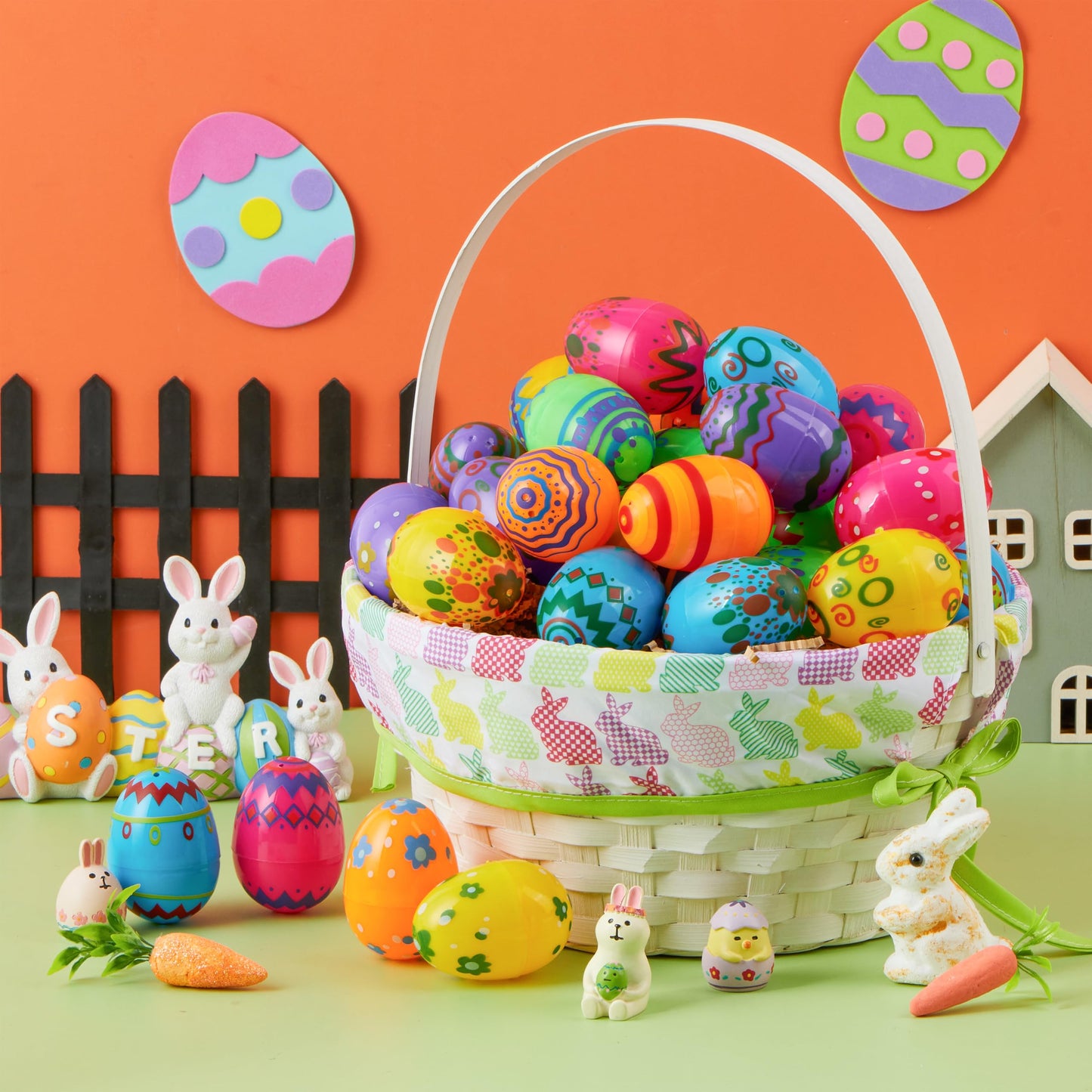 JOYIN 36PCS 2.3" Printed Empty Colorful Plastic Eggs Fillable, Bright Plastic Eggs Bulks for Festival Hunt, Filling Treats, Party Favor, Basket Stuffers, Classroom Prize Supplies