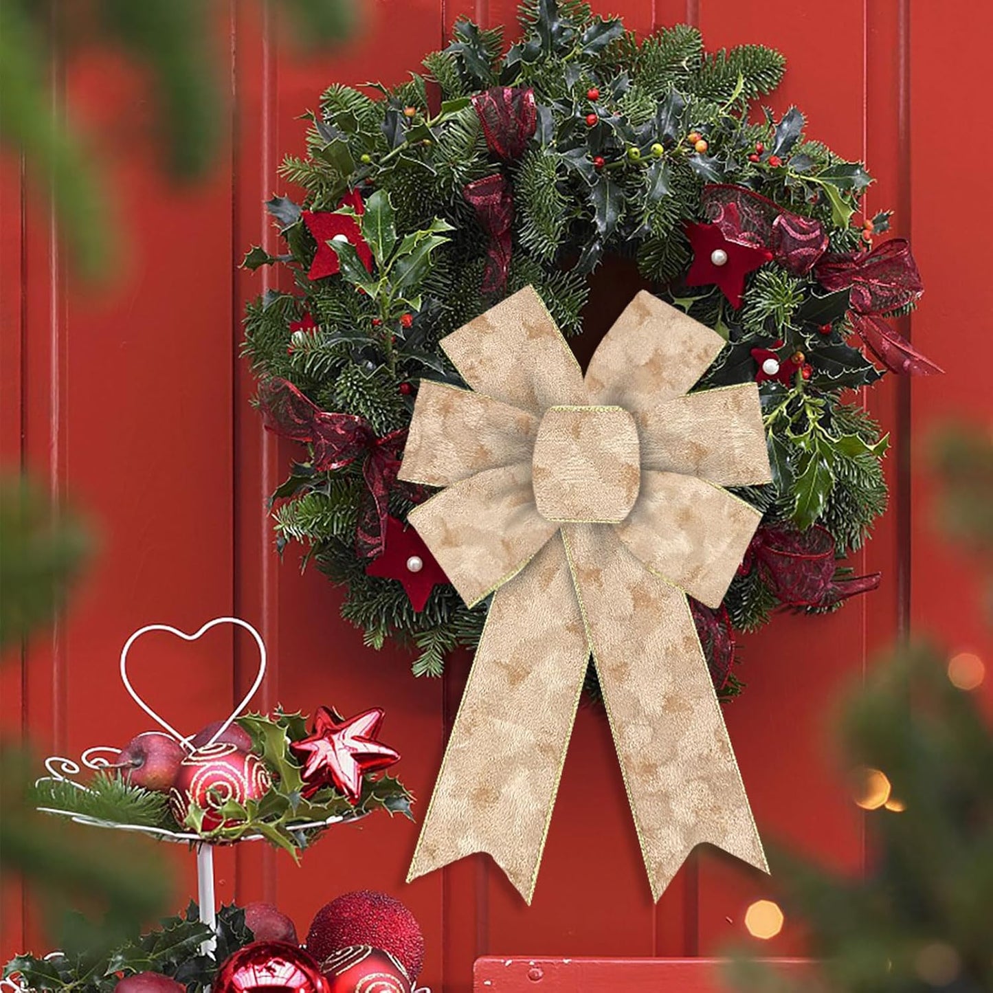 On-Airstore Champagne Gold Velvet Christmas Wreath Bows - 2 Pcs Metallic Crushed Ribbon Decor
