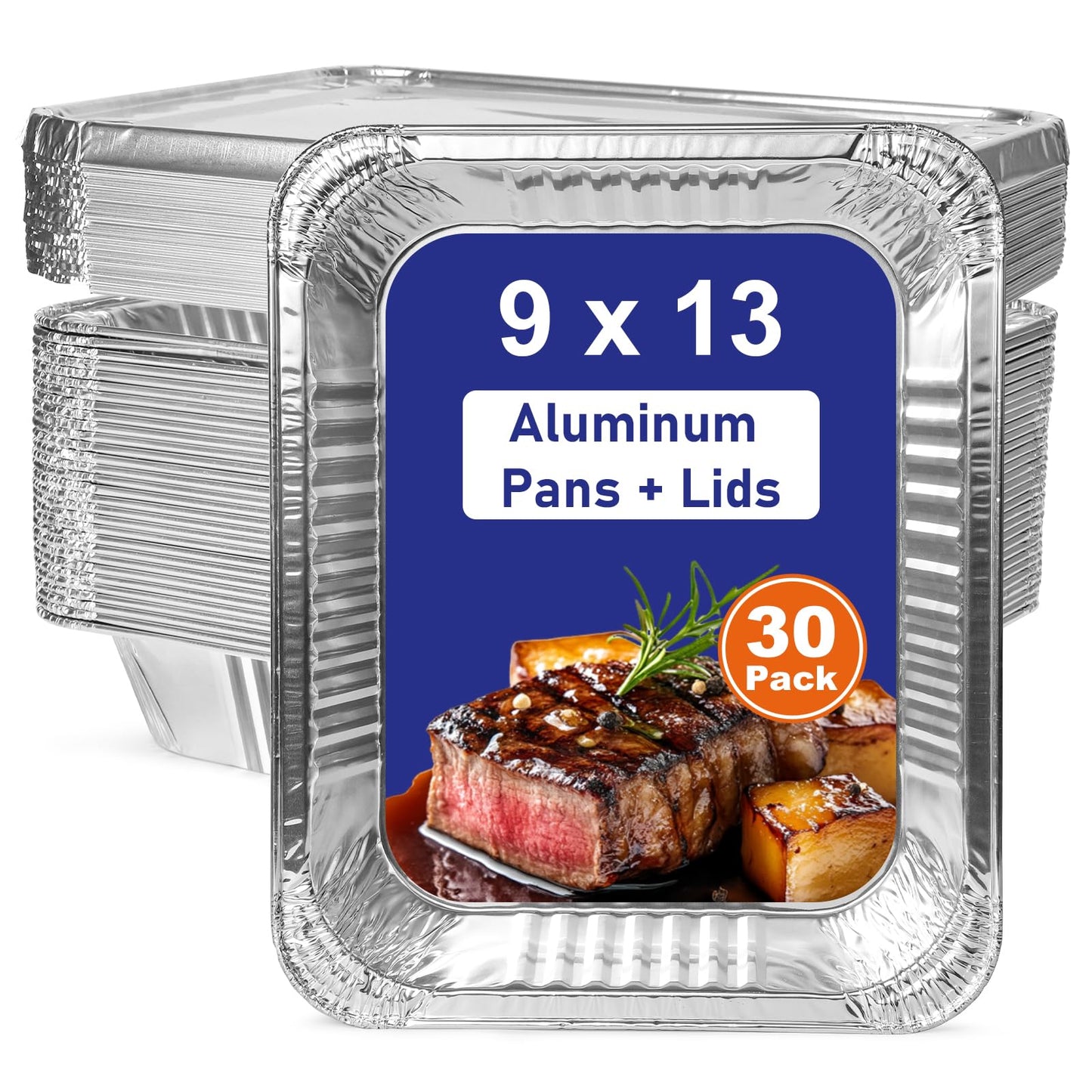 9x13 Aluminum Pans with Lids, 30 Pack Extra Heavy Duty Large Foil Pans, Disposable Aluminum Trays for Baking, Cooking, Roasting Turkey, Food Prepping