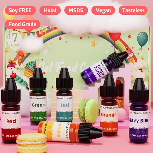 Gel Food Coloring Rainbow Edible Food Dye Set for Baking Royal Icing Cookie Supplies Gluten Free 7x6g Food Grade Liquid Food Color Kit, 0.25 Fl. Oz/Bottles