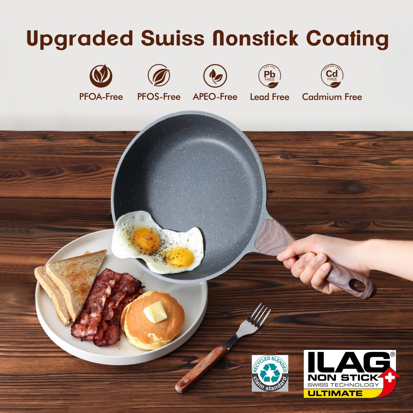 SENSARTE Nonstick Frying Pan Skillets, Swiss Granite Coating Omelette Pans, Healthy Cookware Chef's Pan, Free of Intentionally Added PFOA (8+11Inch with Lid)