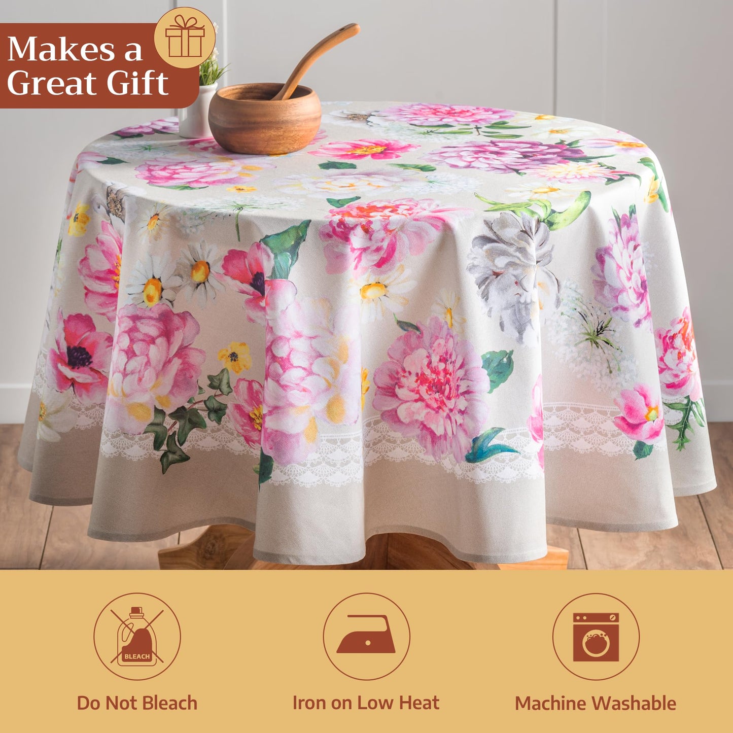 Maison d' Hermine Table Cloth Round Table 100% Cotton 63 Round Inches Tablecloth Reusable Decorative for Dining Kitchen Room Farmhouse Home Gifts for Mothers Day Spring Summer - Pivoine