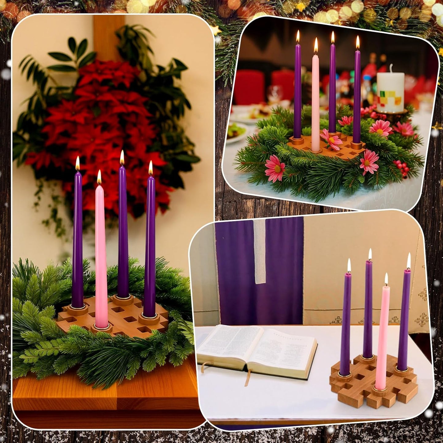Mumufy Advent Candle Holder Set - 5 Pcs Snowflake Wooden Centerpiece with Purple & Pink Taper Candles