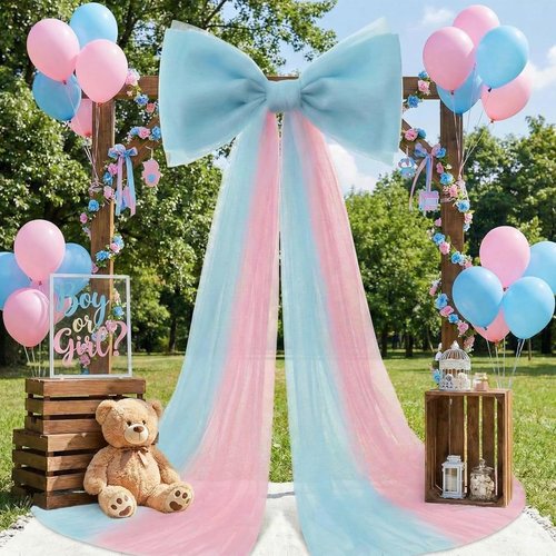 Canlierr Extra Large Organza Bow Decorations - Giant Pink & Blue Tulle Bow with Long Ribbon Tails | 39 x 59 Inch for Weddings & Parties