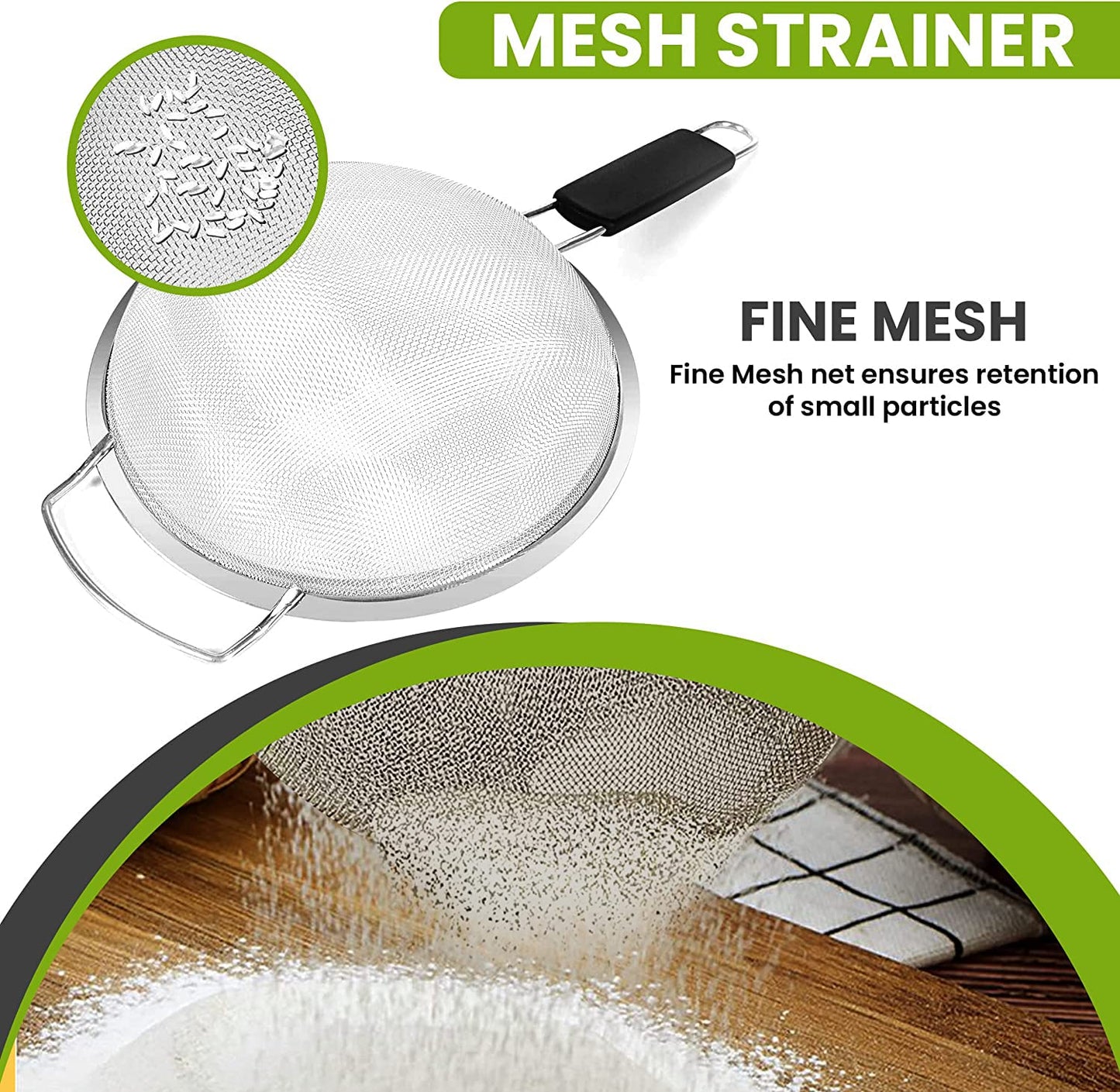 Kafoor 8" Large Fine Mesh Strainer with thermo plastic rubber handle - Sieve Fine Mesh Stainless Steel - Ideal to Strain Pasta, Quinoa and Rice.