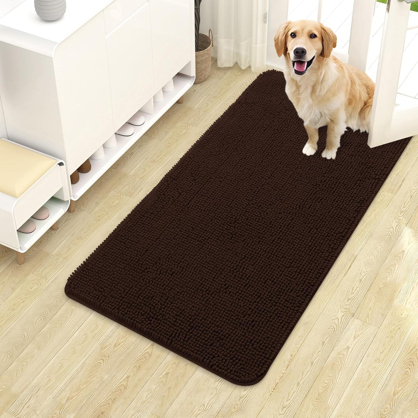 OLANLY Dog Door Mat - Absorbent Non-Slip Chenille for Muddy Paws | 40x24 Inches, Quick Dry, Brown