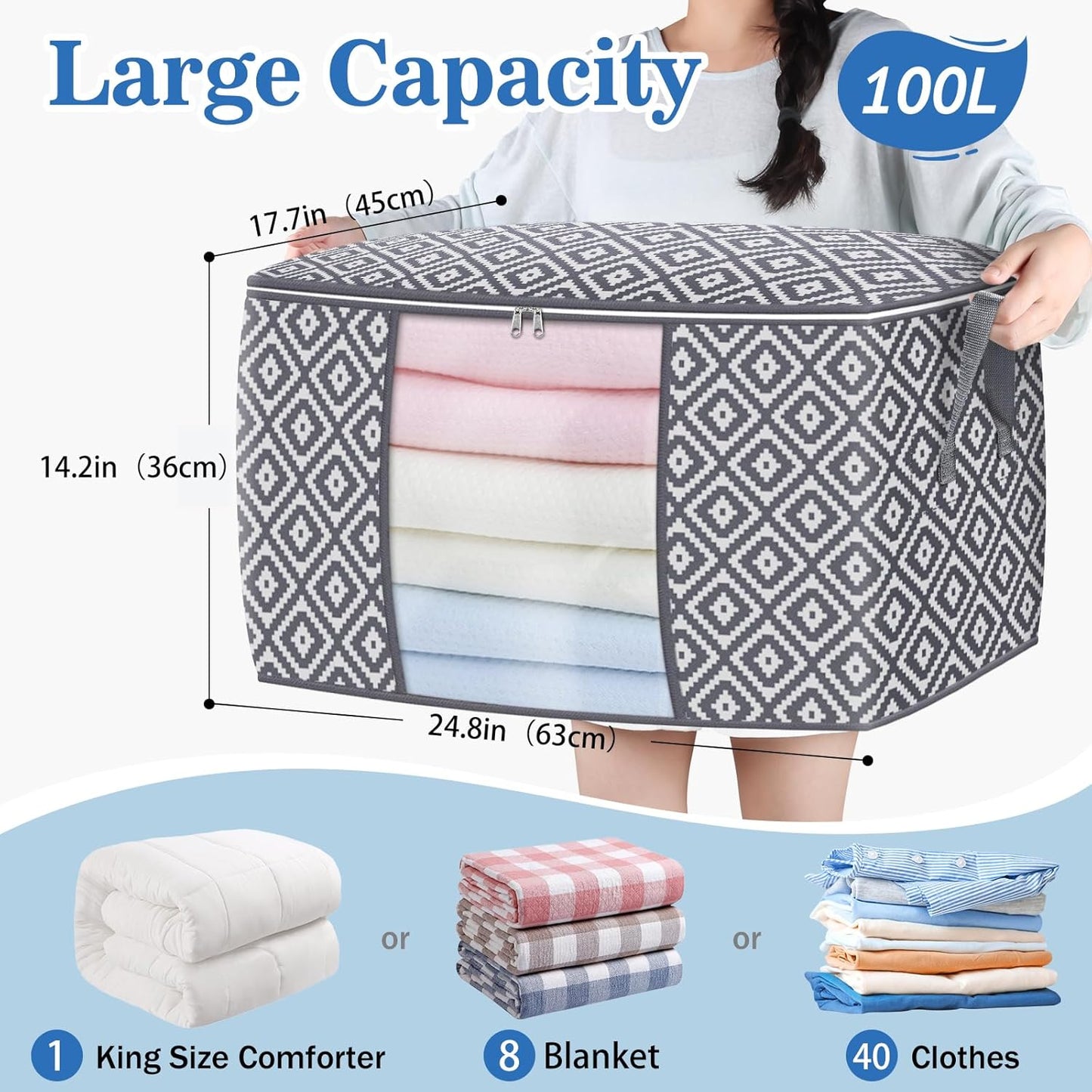 StorageTastic 100L Storage Containers - Large Foldable Bins with Clear Window & Reinforced Handle | Grey, 3 Pack