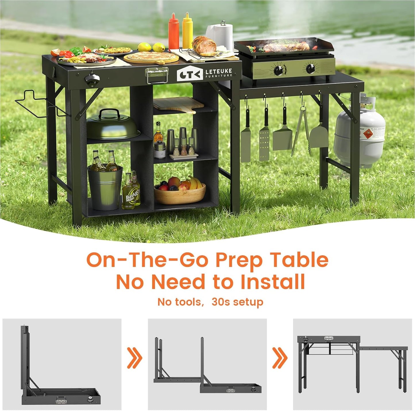Leteuke Portable Grill Table - Foldable Design with Storage for Blackstone & Ninja Griddles | Perfect for Outdoor BBQs, Camping & Picnics