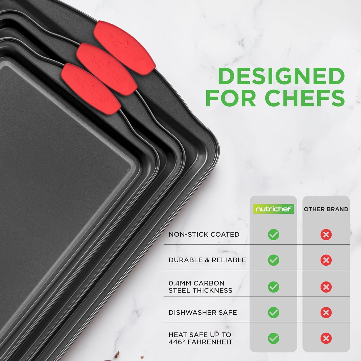 NutriChef 3-Piece Nonstick Baking Pans Set - Premium Commercial Grade Steel with Red Silicone Handles