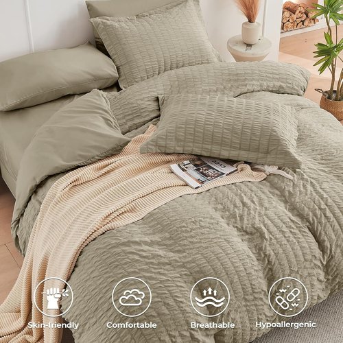 HYMOKEGE Queen Comforter Set - Luxury 7-Piece Linen Bedding Set with Seersucker Design | All-Season Comfort