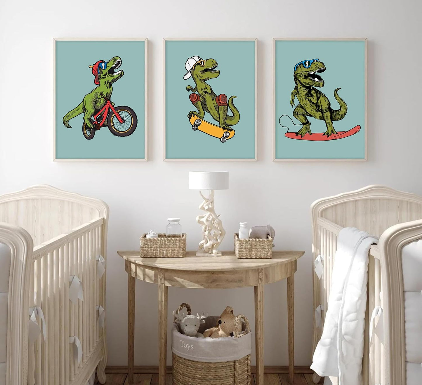 Skiennix Funny Dinosaur Nursery Canvas Wall Art - Surfing & Skateboarding Design | Perfect for Boys' Room Decor
