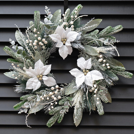 Winter Wreaths for Front Door 24 Inch Outdoor Christmas Wreath Artificial Winter Door Wreath with White Christmas Flowers,Snowy Eucalyptus and White Berry for Farmhouse Home Wall Door Decor