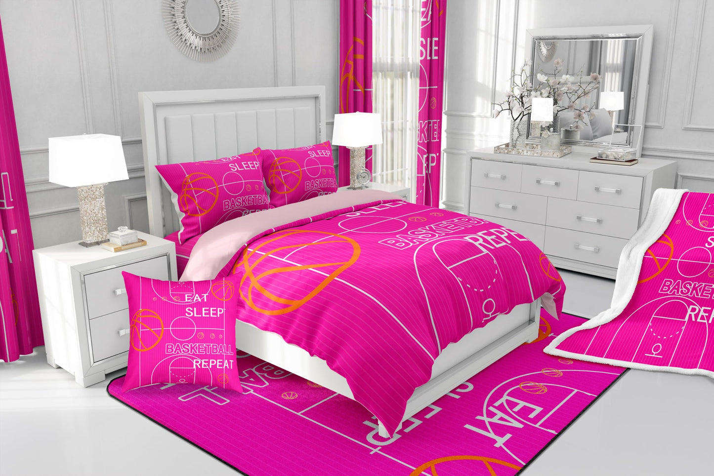 jejeloiu Kids Basketball Comforter Set Full Size Basketball Court Comforter Boys Girls Eat Sleep Basketball Ball Pattern Bedding Set Gaming Sports Theme Pink Quilt Set