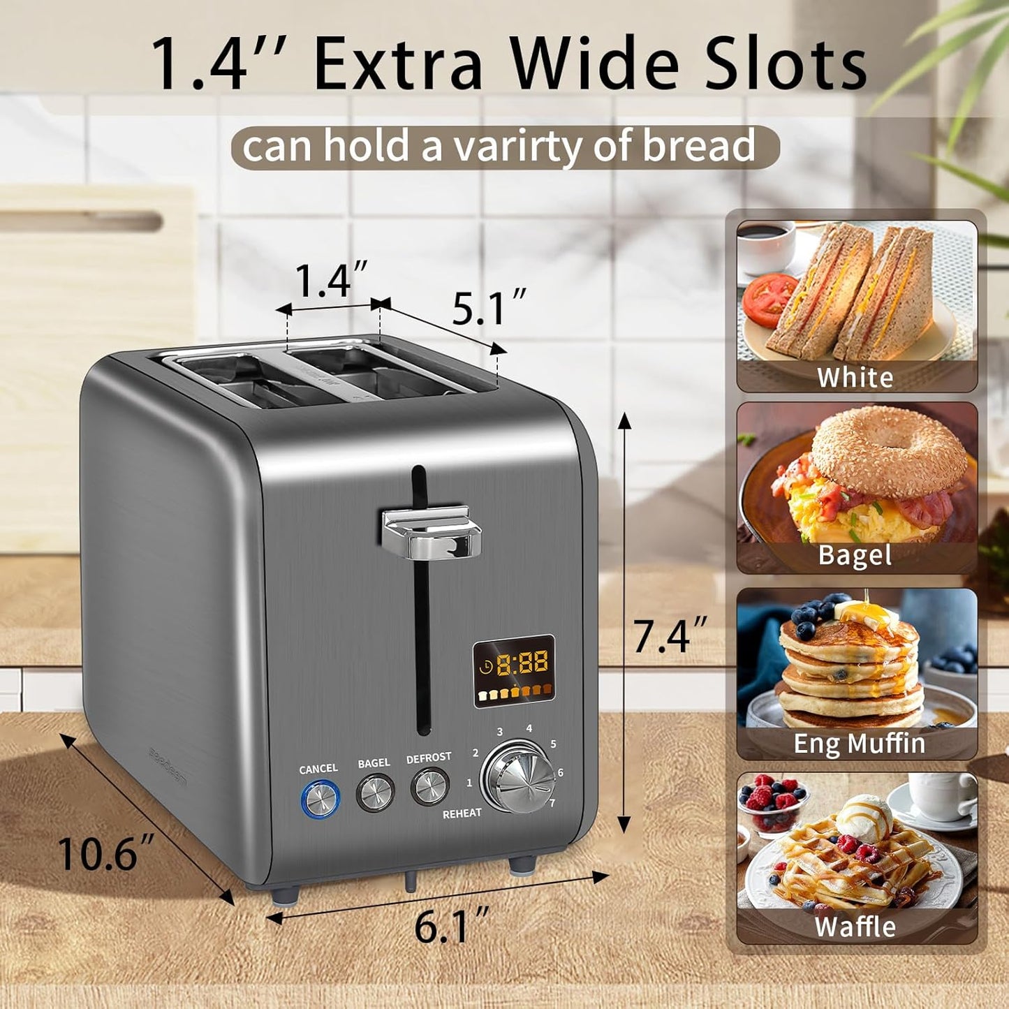 SEEDEEM 2-Slice Stainless Steel Toaster - LCD Display, 7 Shade Settings, 1.4'' Wide Slots, Bagel & Defrost Functions