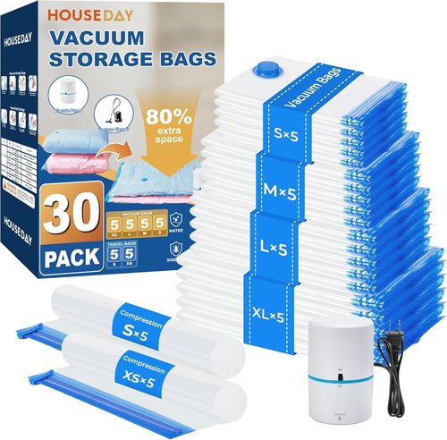 HOUSE DAY Vacuum Storage Bags - 30 Pack with Electric Pump | Space Saver for Clothing, Bedding & Travel - Durable & Airtight