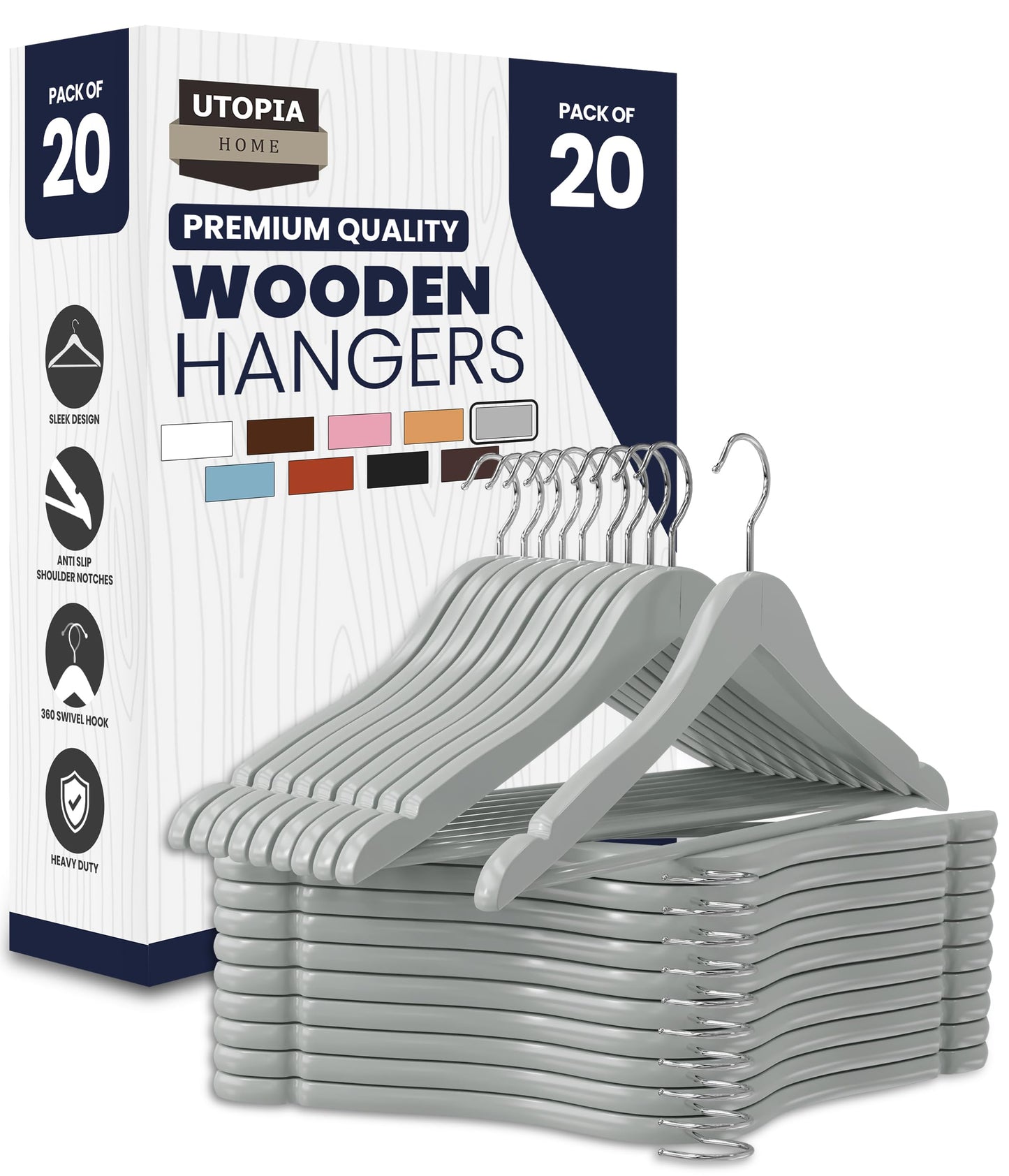 Utopia Home Premium Wooden Hangers 20 Pack - Durable & Slim Coat Hanger - Suit Hanger with 360-Degree Rotatable Hook - Wood Hangers with Shoulder Grooves (Grey Color)