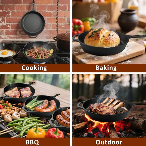Cast Iron Skillet 3-Piece Set, 6", 8", 10" Frying Pans, Heavy-Duty Pre-Seasoned Pan Cookware Set, For Frying, Saute, Cooking, Pizza & More, Black