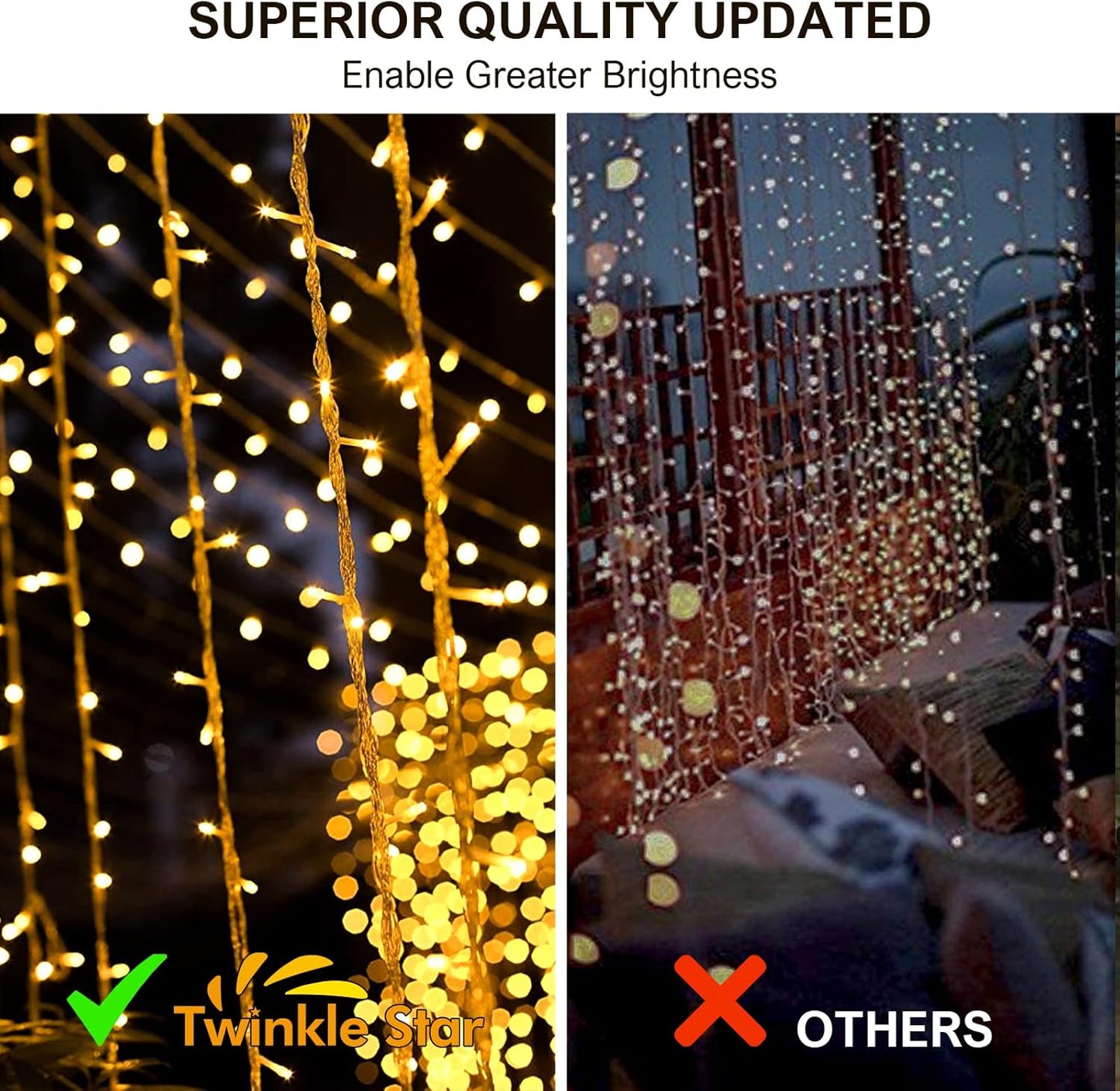 300 LED Twinkle Star Curtain String Lights - Warm White for Wedding, Home & Garden Decor