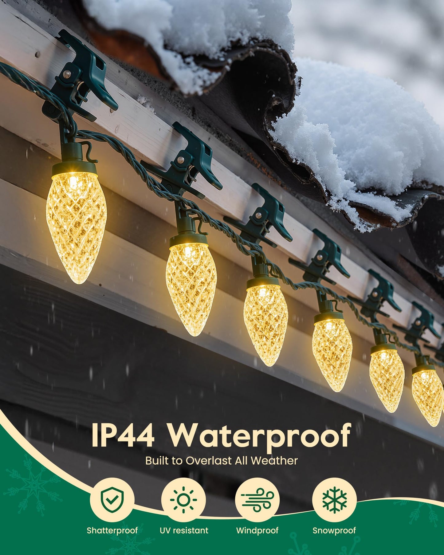C9 Christmas Lights Outdoor with 100 Spring Clips, 65FT 100 LED C9 String Lights Waterproof Connectable for Roofline Patio House Yard Windows Indoor Outdoor Christmas Decorations, Warm White 2 Pack