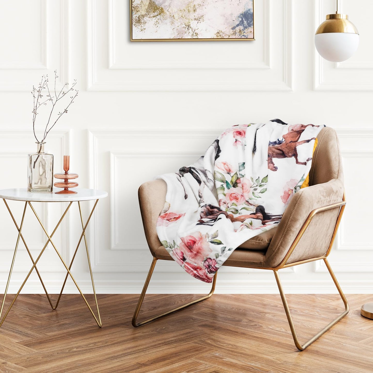 JarThenaAMCS Floral Horse Fuzzy Blanket 60 x 50 Inch Farmhouse Throw Blanket Watercolor Flower Cow Soft Cozy Flannel Blankets for Home Chair Sofa Couch Bed