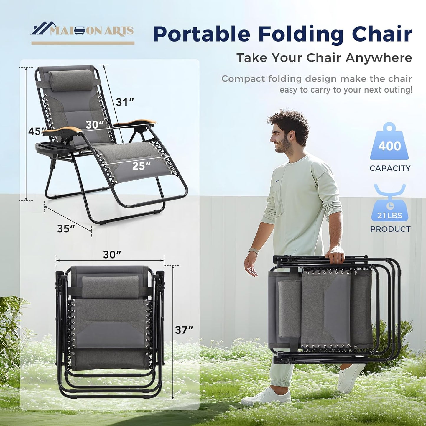 MAISON ARTS Oversized XXL Padded Zero Gravity Chair Set of 2 - 30" Wide Foldable Recliner | Supports 400lbs, Grey with Cup Holder & Pillow