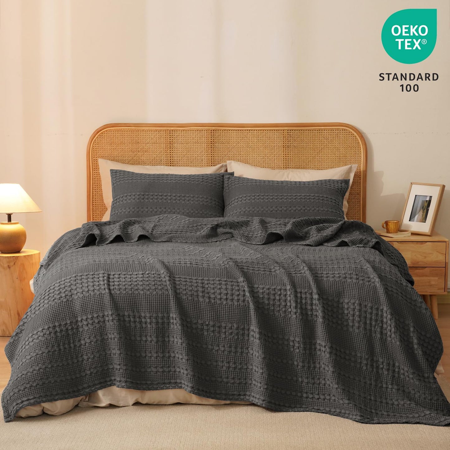 PHF 100% Cotton Waffle Weave Blanket Queen Size, Soft Lightweight Breathable Cozy Summer Blankets for Bed, Luxury Aesthetic Woven Bedding for Home Decor, 90"x90", Charcoal Grey