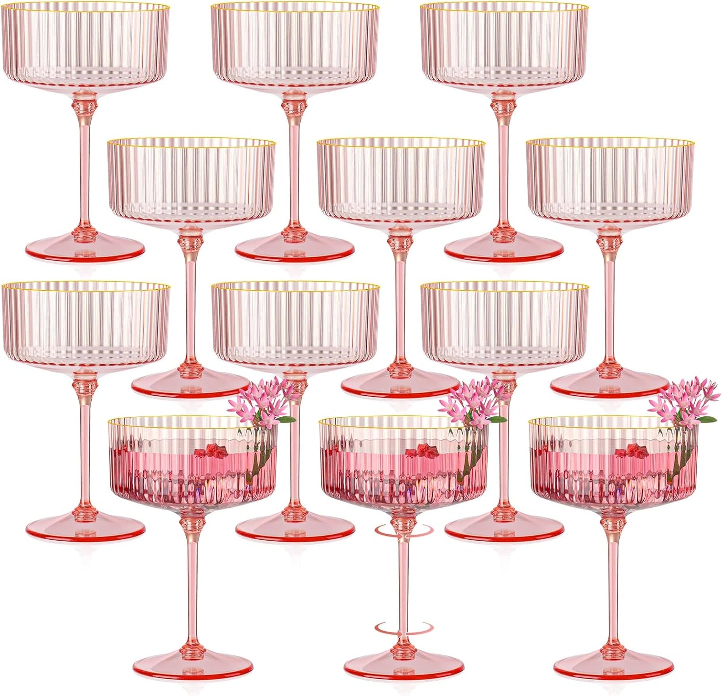 Skiennix 12 PCS Pink Ribbed Coupe Glasses - 10oz Vintage Cocktail Glassware with Gold Rim for Weddings & Parties