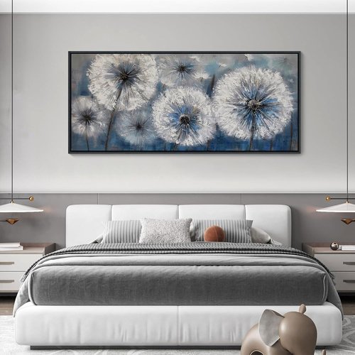 Blue Dandelion Canvas Wall Art - Large Modern White Flower Print for Living Room Decor