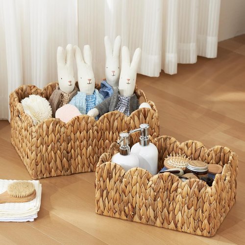 FairyHaus Wicker Storage Baskets - Handwoven Scalloped Design, Natural Water Hyacinth | 2-Pack, Large & Small