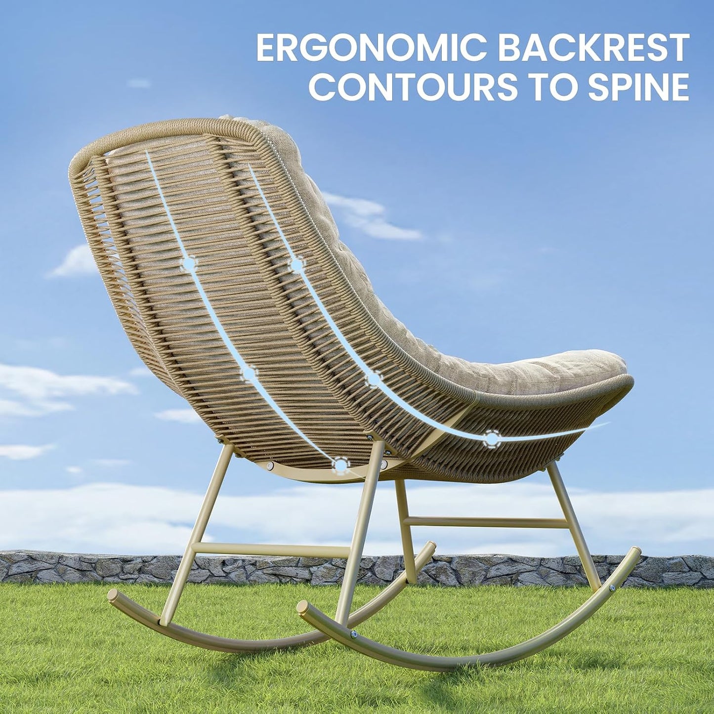 SWITTE Outdoor Rattan Rocking Papasan Chair - Handwoven Wicker with Cushion | Indoor Patio Lounge Chair - Cream
