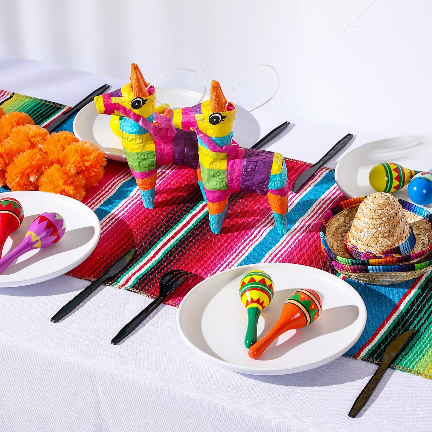 Libima 26 Pcs Mexican Decor Fiesta Decorations Include 6 Donkey 12 Large Fiesta Maracas 2 Serape Table Runners 6 Sombrero Hats for Mexican Decorations Favors(Boho)