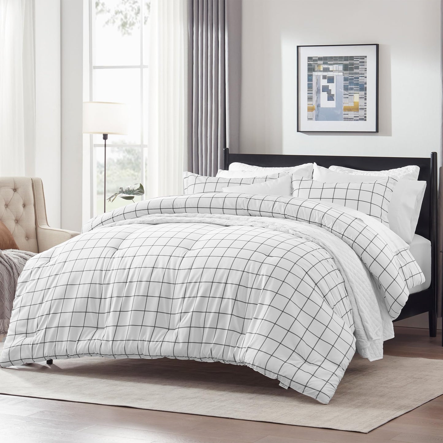 SLEEP ZONE 7 Pcs Comforter and Sheet Set Queen Size, Grey Grid Luxury Fluffy Soft Down Alternative Comforters with Flat Sheet, Fitted Sheets, Pillowcase, White