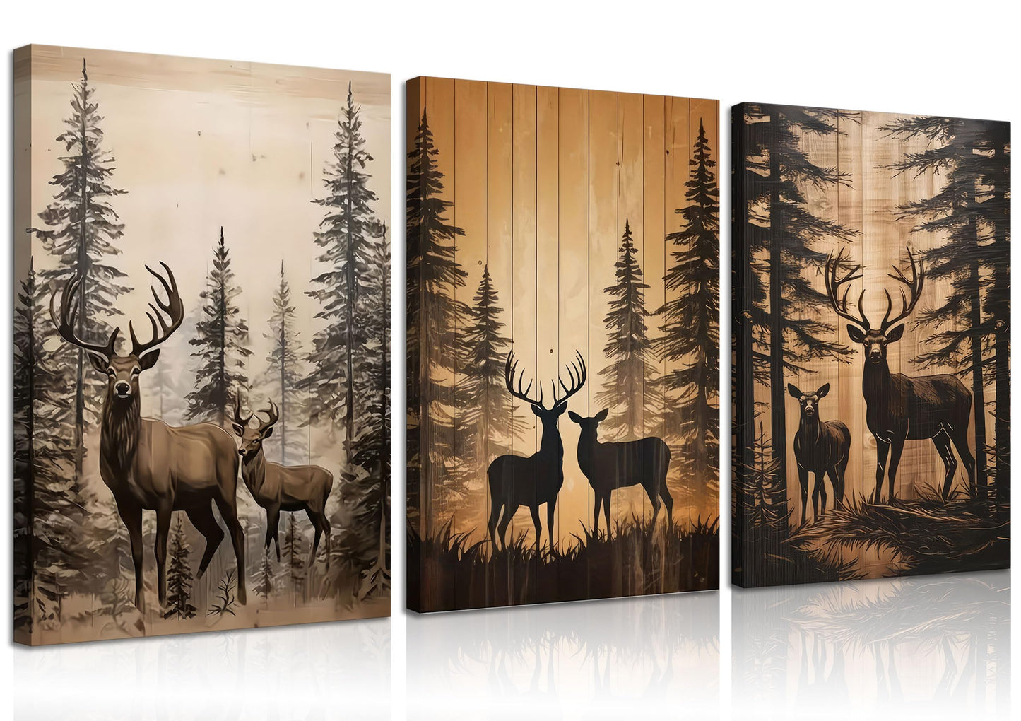3Pcs Forest Elk Canvas Wall Art Country Farmhouse Wall Decor Picture Woodland Animal Poster Print for Living Room Bedroom Farmhouse Ranch Home Decor Ready to Hang