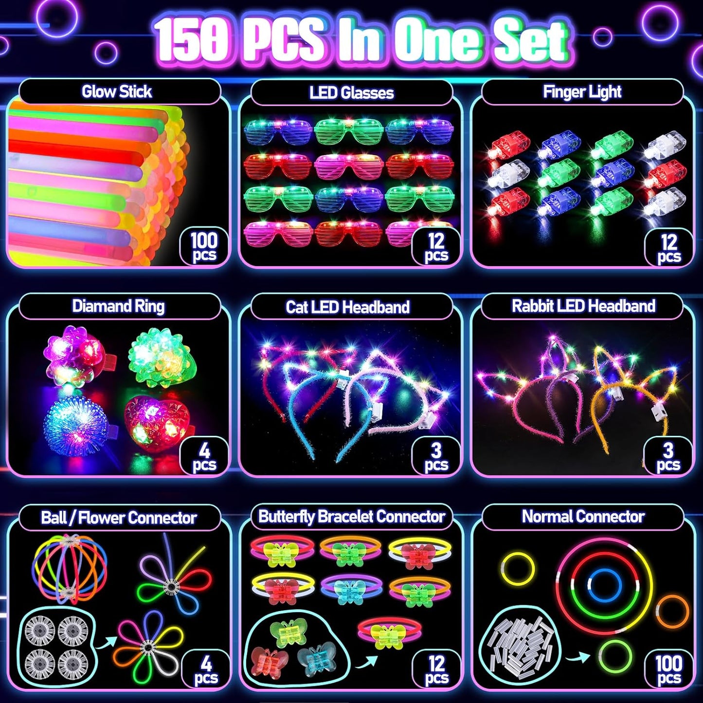 Skiennix 150PCS Glow in the Dark Party Supplies - Light Up Glasses, Headbands & Rings | Neon Party Pack