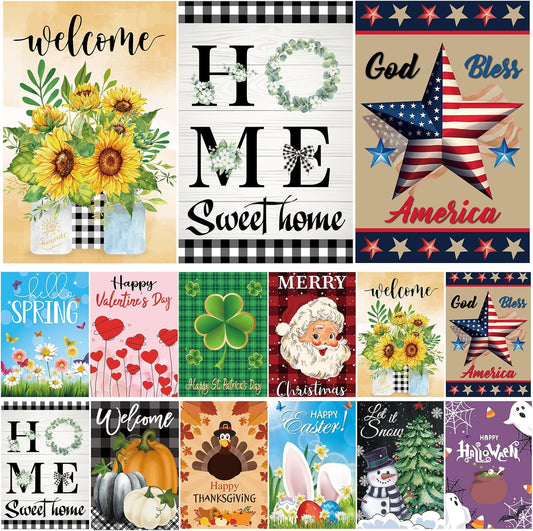 Seasonal Garden Flags Set of 12 - Double-Sided 12x18 Inch Yard Flags for All Occasions