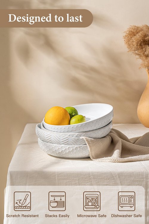 FOBENTA Embossed Ceramic Pasta Bowls, 42 oz Bowl Plates Set,9-Inch Large Serving Bowls Set of 4, Perfect for Pasta, Salad, Fruit, Sturdy&Stackable, Microwave & Dishwasher Safe