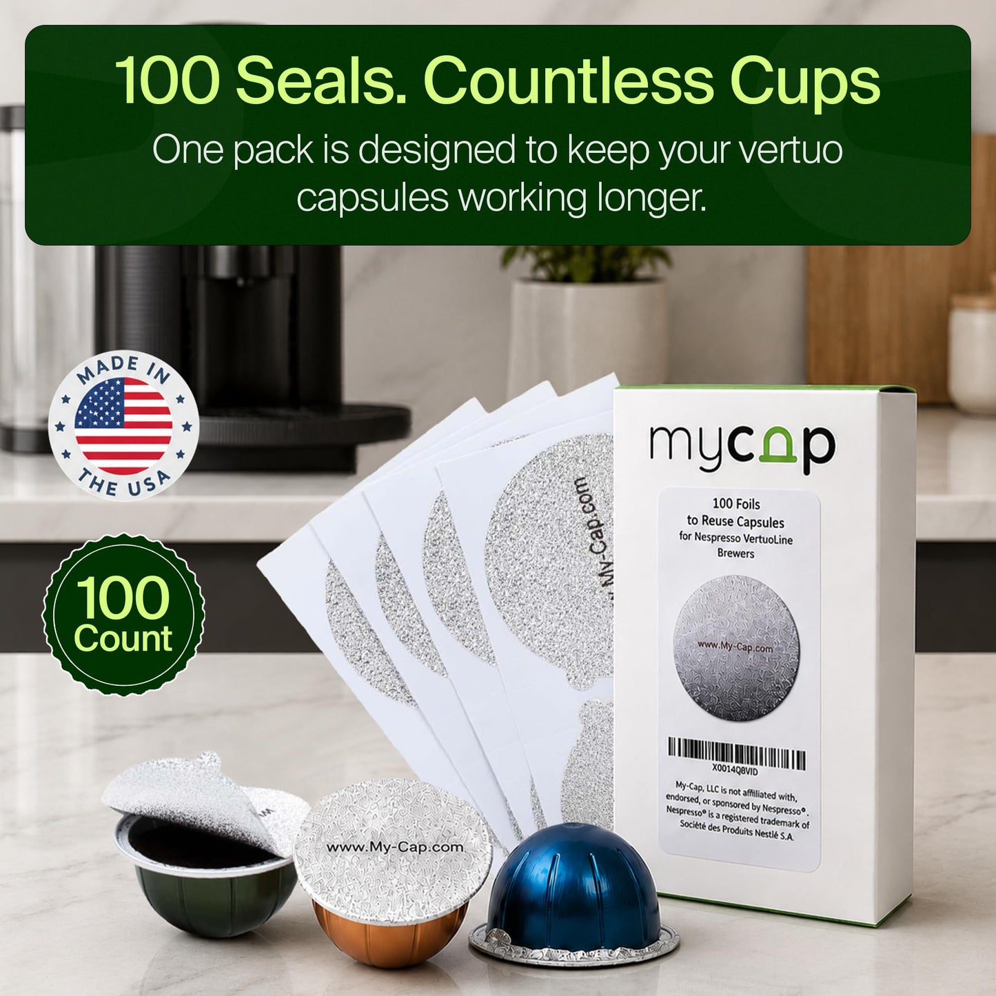 My-Cap Foil Seals for Nespresso Vertuo Pods - Reusable Aluminum Lids to Extend Life of Nespresso VertuoLine Capsules (Pack of 100)