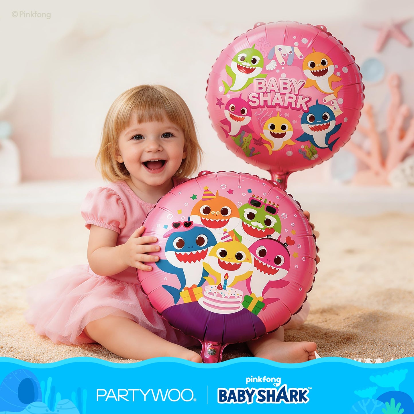 PartyWoo Baby Shark Pink Foil Number 1 Balloon 5pcs 40 18 Inch Pink Round Star Mylar Helium Birthday Balloons for Boys and Girls Baby Shark Under the Sea Ocean Kids First Birthday Party Decorations