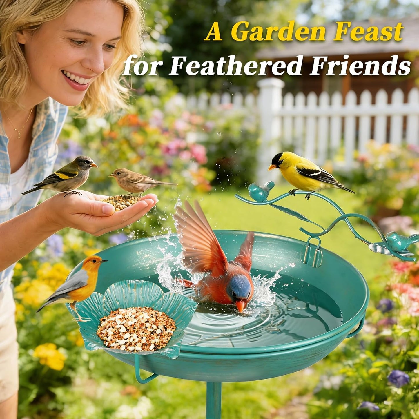 Mellbree Bird Bath - 12" Dia, 39" H Lake Blue Metal Birdbath with Gold Gilding | Freestanding Outdoor Decor