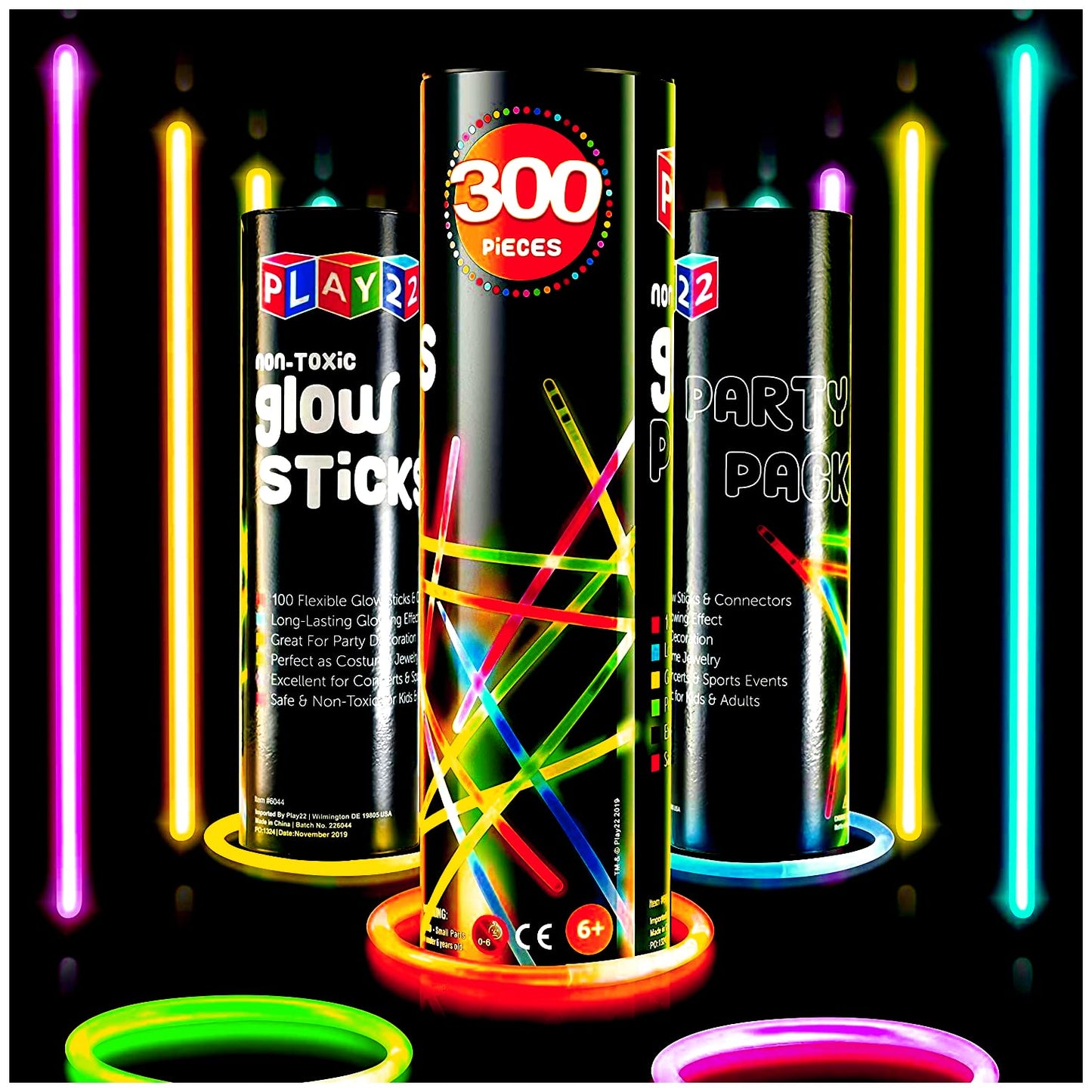 Play22 300 Pc 8” Ultra Bright Glow Sticks Bulk Party Pack - Halloween Glow in The Dark Party Favors - Glowsticks Party Supplies Pack Necklaces and Bracelets