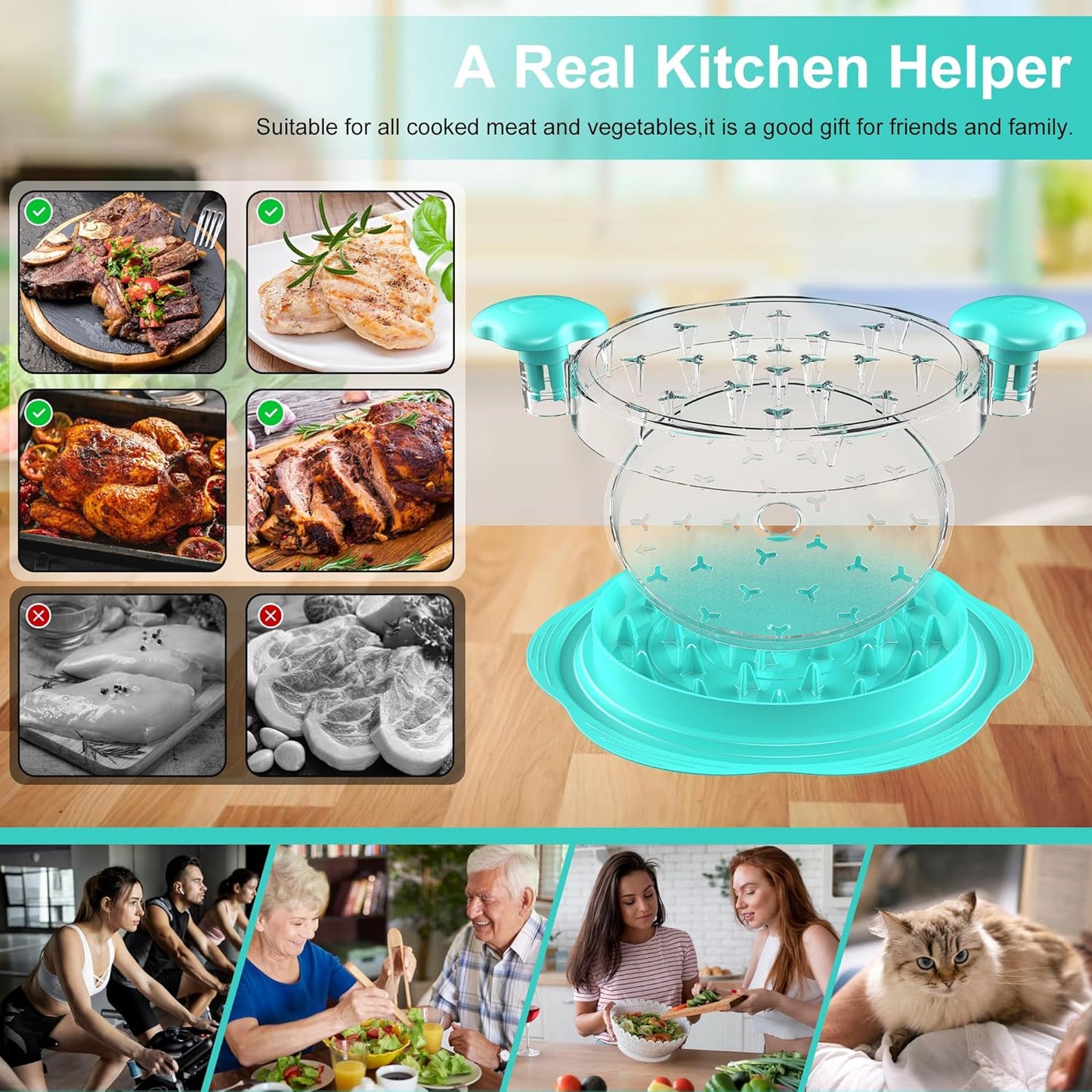Skiennix Chicken Shredder - Manual Meat Shredder Tool with Transparent Lid & Cleaning Brush | Dishwasher Safe, Mint Green